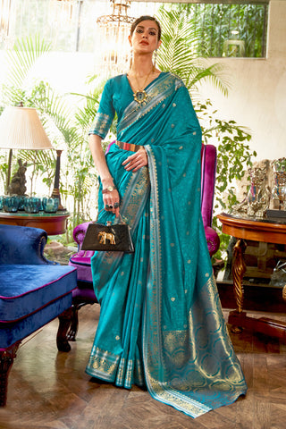 Dazzling Weaving Work Cyan Color Saree In Art Silk Fabric