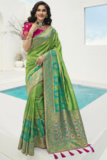 Load image into Gallery viewer, Green Color Sangeet Wear Silk Fabric Weaving Work Saree
