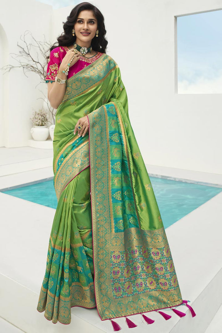Green Color Sangeet Wear Silk Fabric Weaving Work Saree