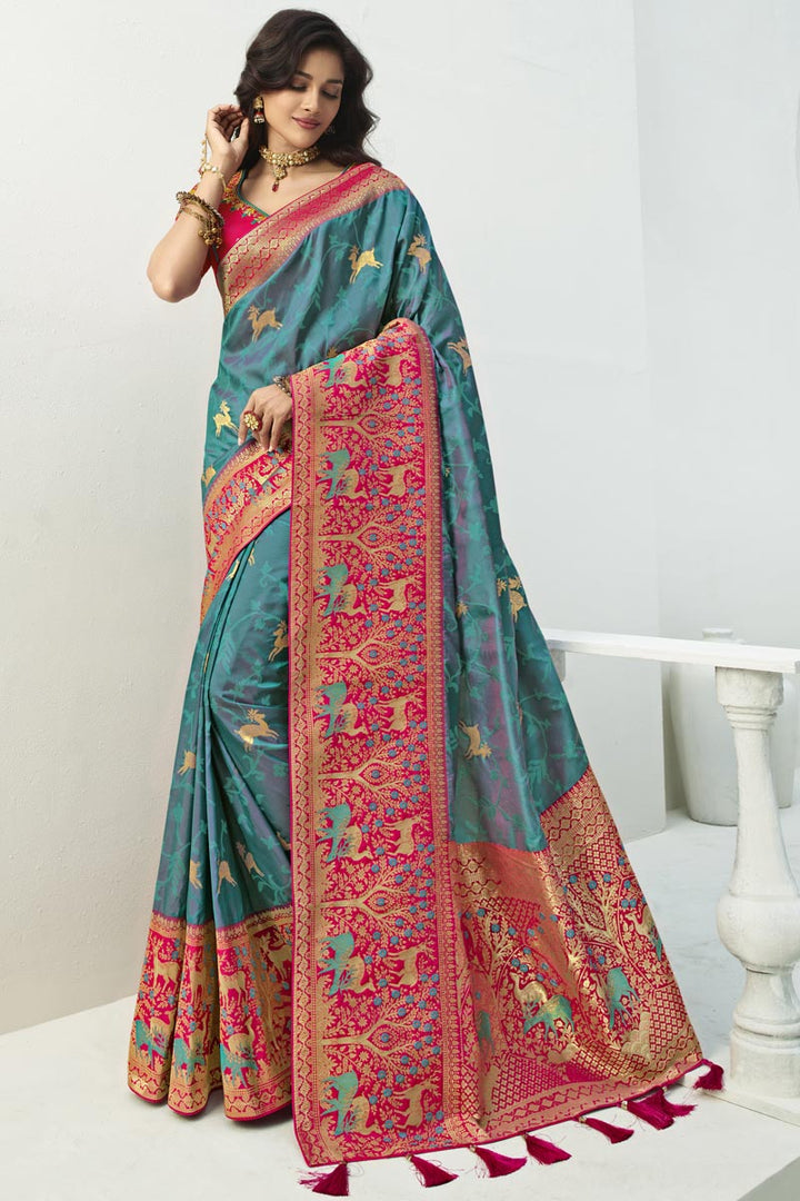 Cyan Color Traditional Saree In Silk Fabric