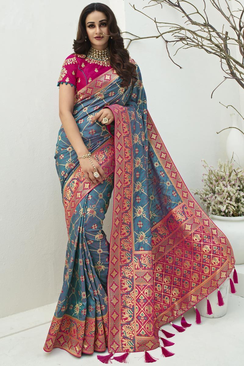 Silk Fabric Blue Color Designer Saree