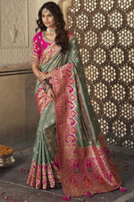 Load image into Gallery viewer, Art Silk Elegant Puja Wear Grey Color Weaving Work Saree With Embroidered Blouse
