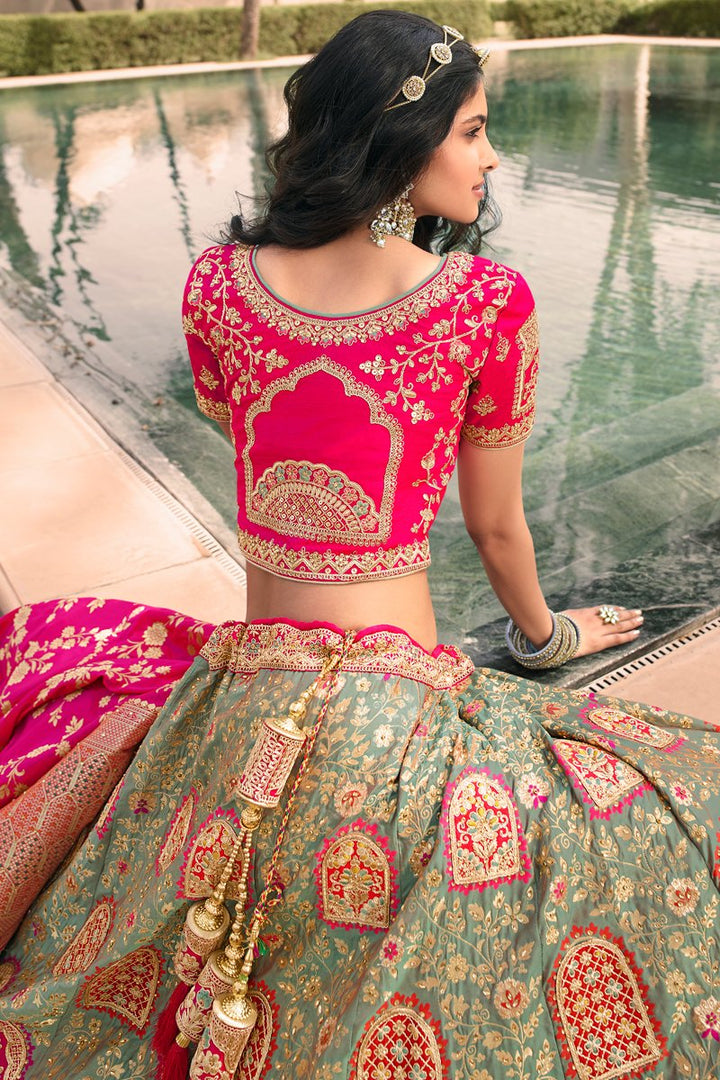 Silk Fabric Embroidered Wedding Wear Designer Lehenga Choli In Grey Color