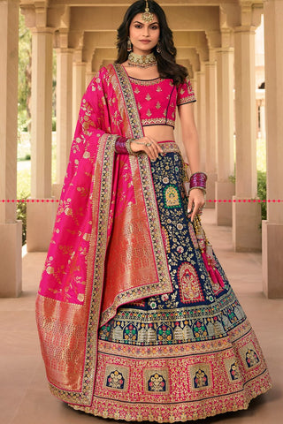 Wedding Wear Navy Blue Color Embroidered Lehenga Choli In Silk Fabric