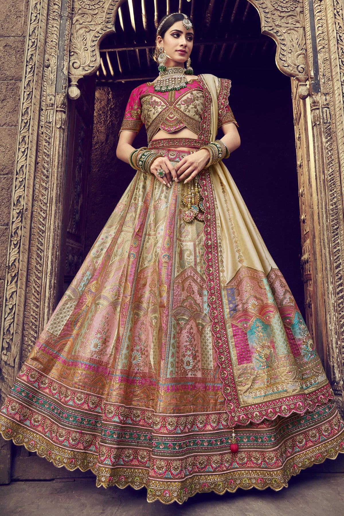 Multi Color Silk Fabric Bridal Lehenga Choli With Embroidery Work