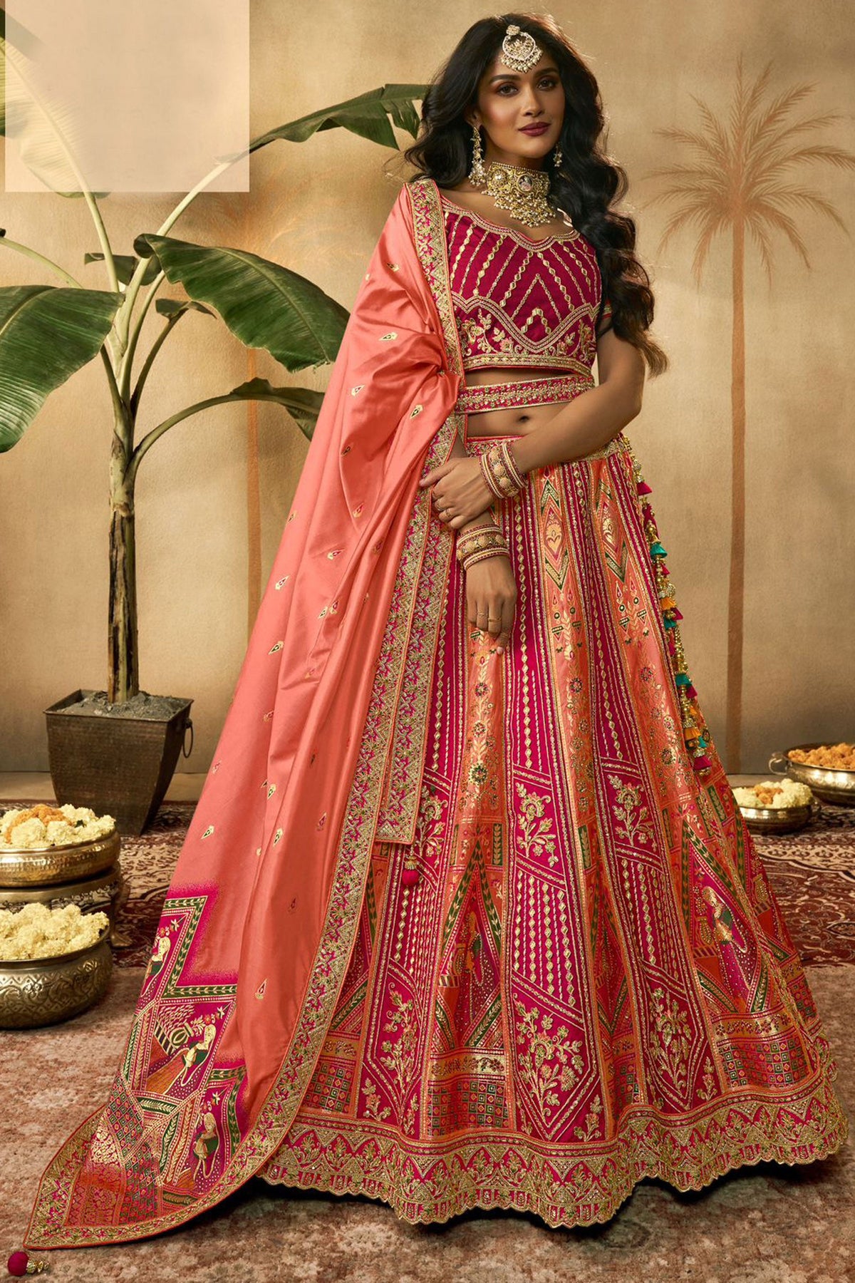 Multi Color Designer Silk Fabric Bridal Lehenga Choli With Embroidery Work