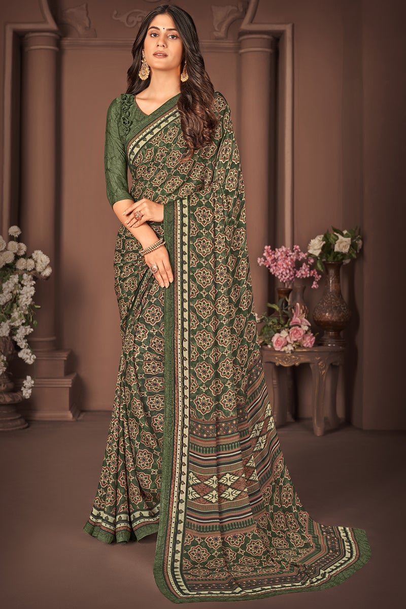Daily Wear Green Color Georgette Fabric Printed Saree