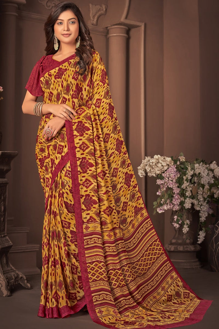 Georgette Daily Wear Printed Saree In Yellow Color