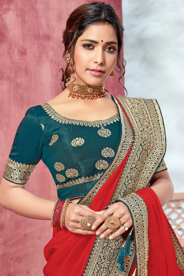 Bridesmaid Bhagalpuri Silk Fabric Border Work Red Color Saree