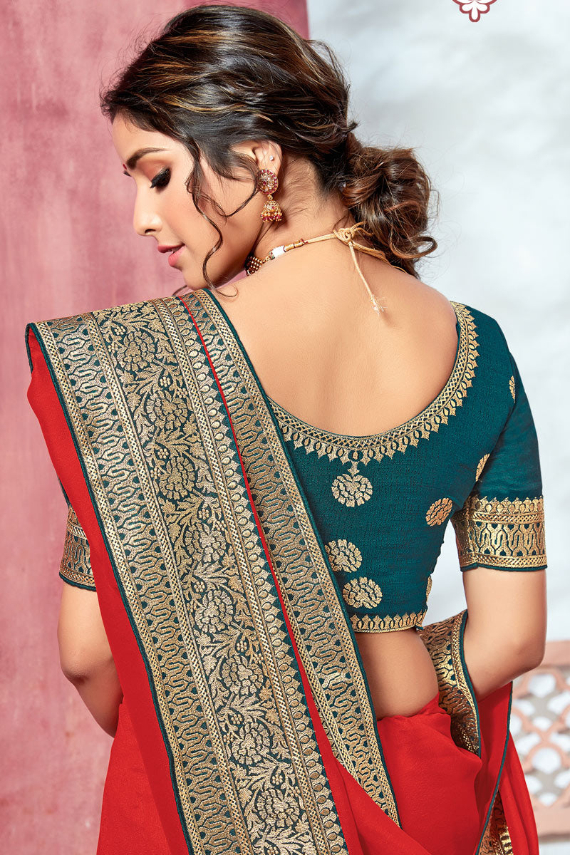 Bridesmaid Bhagalpuri Silk Fabric Border Work Red Color Saree