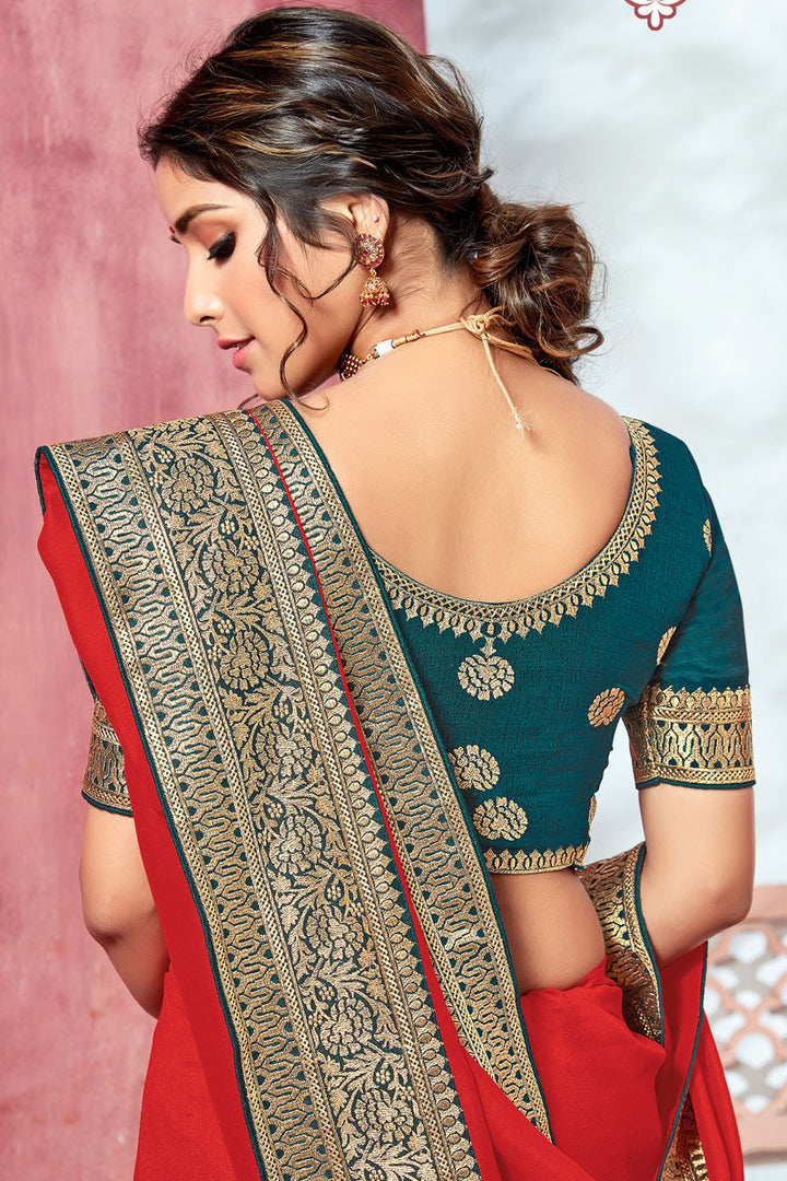 Bridesmaid Bhagalpuri Silk Fabric Border Work Red Color Saree