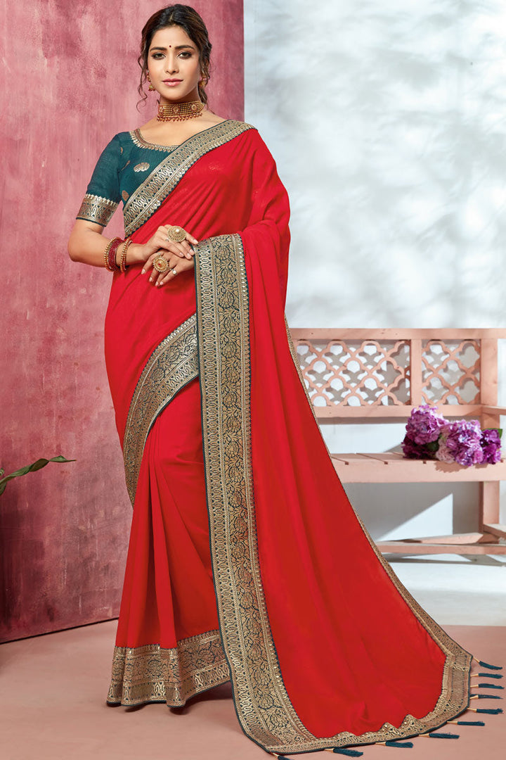 Bridesmaid Bhagalpuri Silk Fabric Border Work Red Color Saree