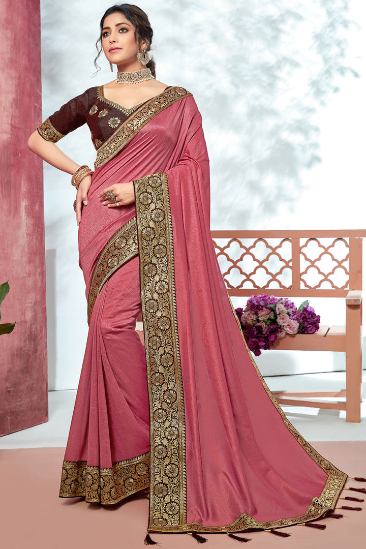 Peach Color Bridesmaid Bhagalpuri Silk Fabric Saree With Border Work