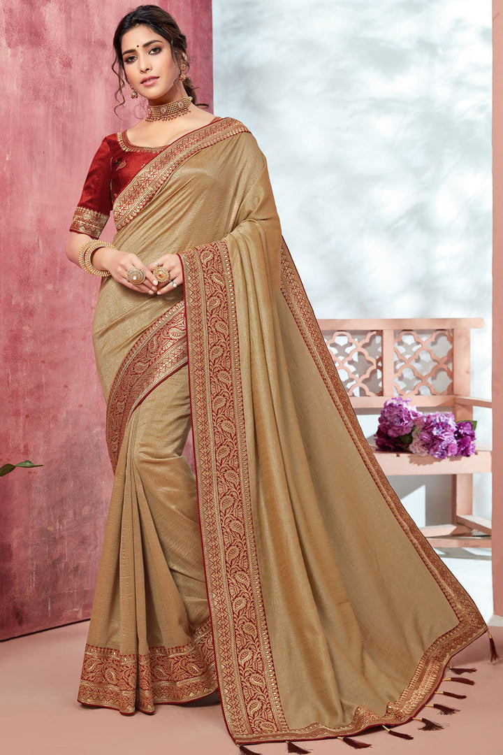 Bridesmaid Beige Color Bhagalpuri Silk Fabric Saree With Border Work