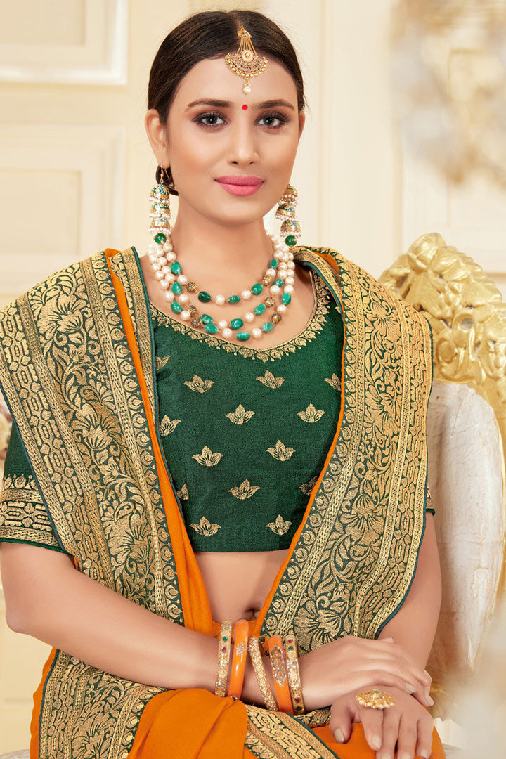 Festival Wear Bridesmaid Bhagalpuri Silk Fabric Orange Color Saree With Border Work