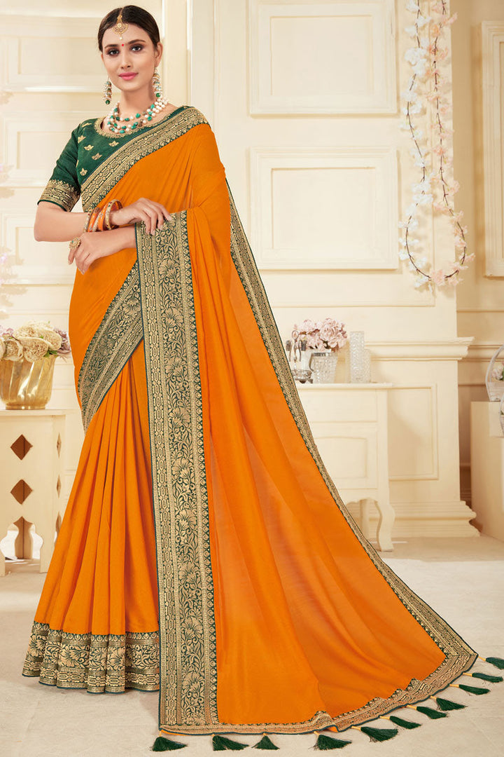 Festival Wear Bridesmaid Bhagalpuri Silk Fabric Orange Color Saree With Border Work