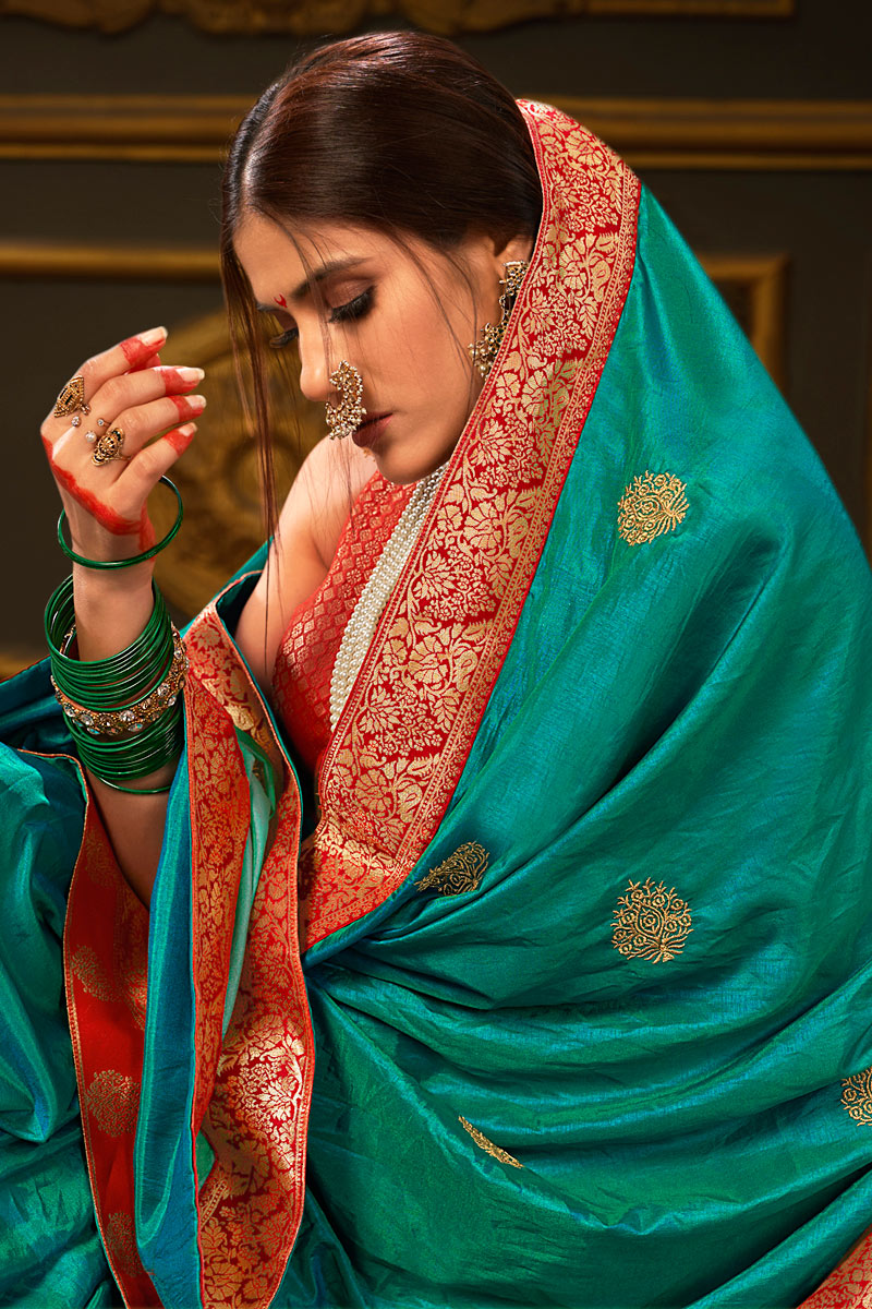 Border Work Cyan Color Beautiful Silk Saree | Buy Online India