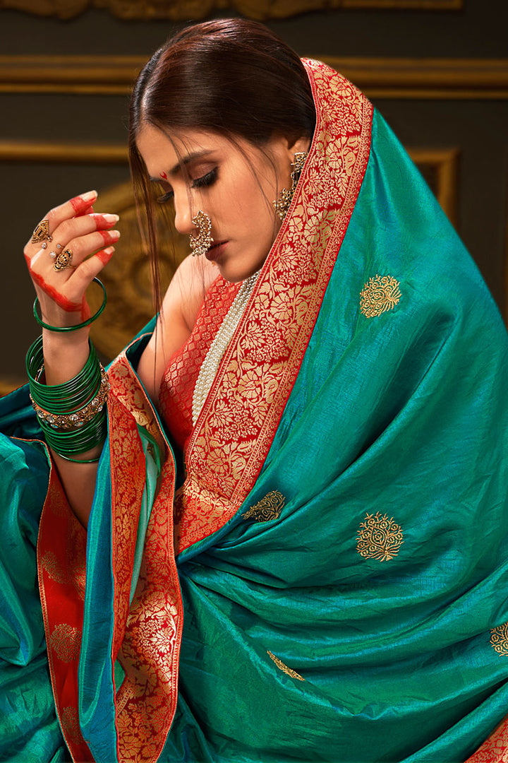 Border Work Cyan Color Beautiful Silk Saree | Buy Online India
