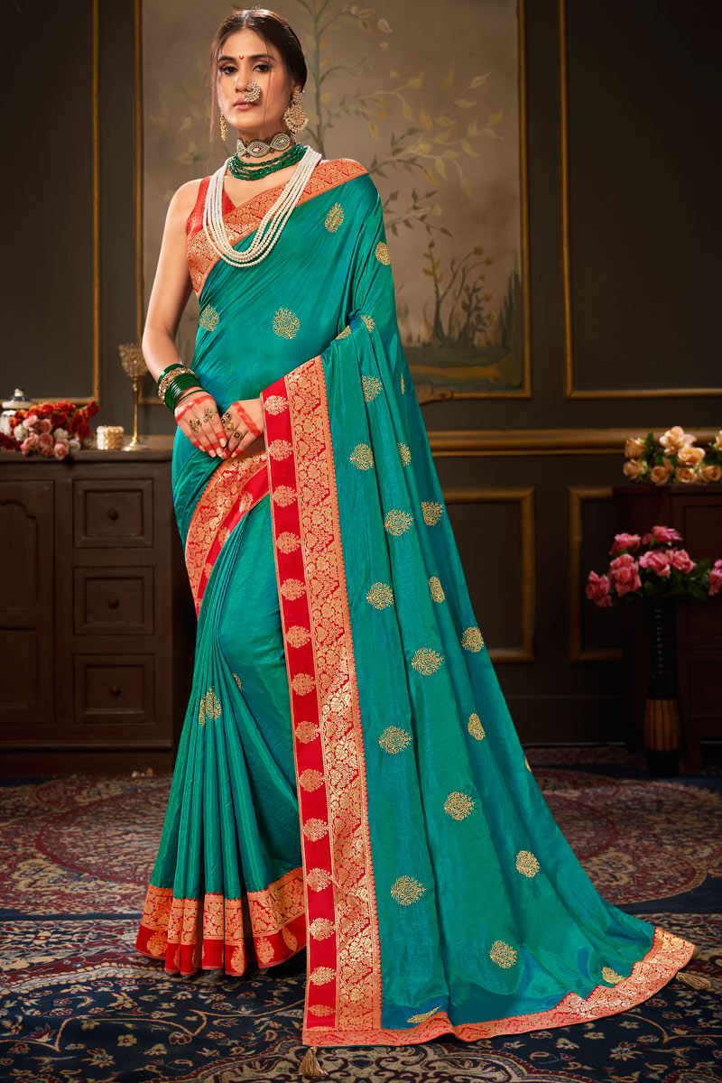 Border Work Cyan Color Beautiful Silk Saree | Buy Online India