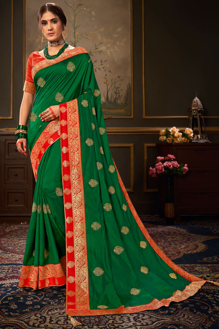 Green Color Silk Fabric Saree With Border Work
