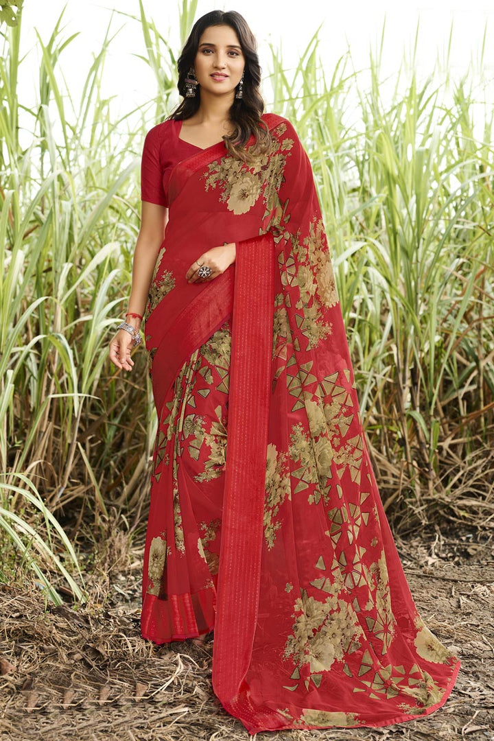 Stunning Red Color Printed Saree In Georgette Fabric
