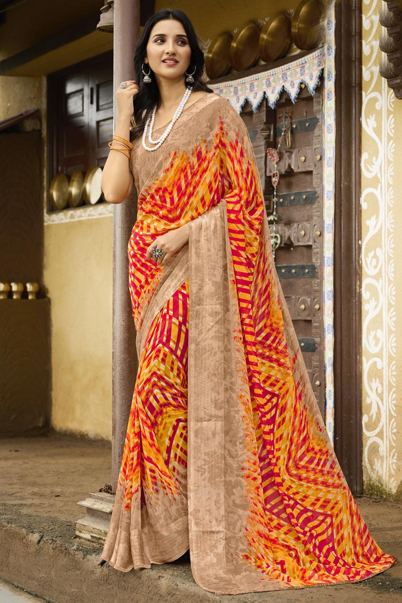 Orange Color Georgette Fabric Printed Fantastic Saree