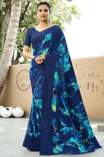 Load image into Gallery viewer, Engaging Navy Blue Color Georgette Fabric Printed Saree
