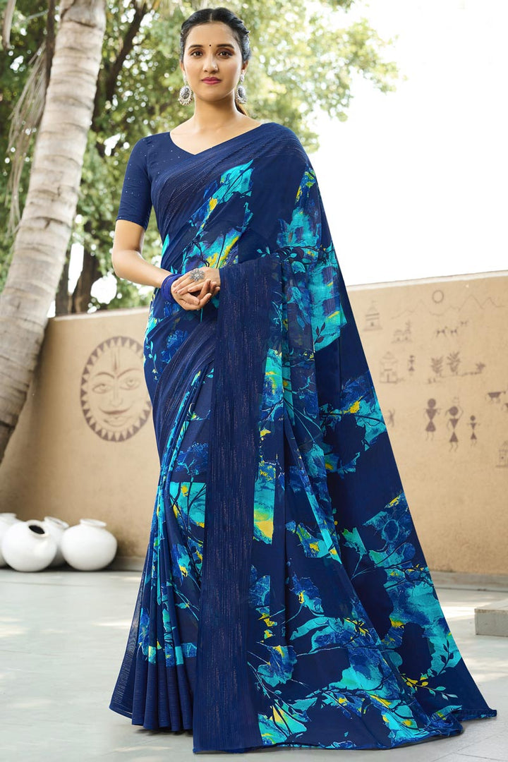 Engaging Navy Blue Color Georgette Fabric Printed Saree