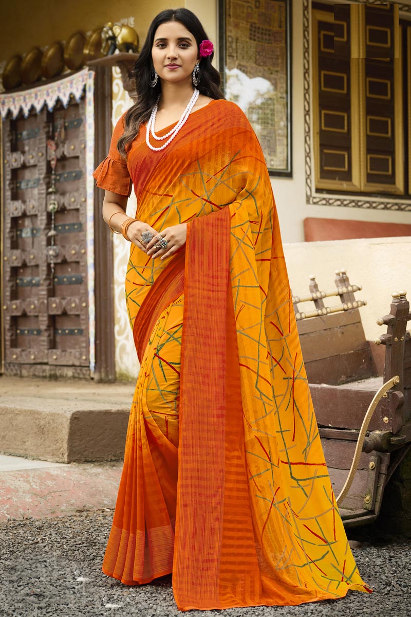 Vivacious Georgette Fabric Printed Saree In Mustard Color