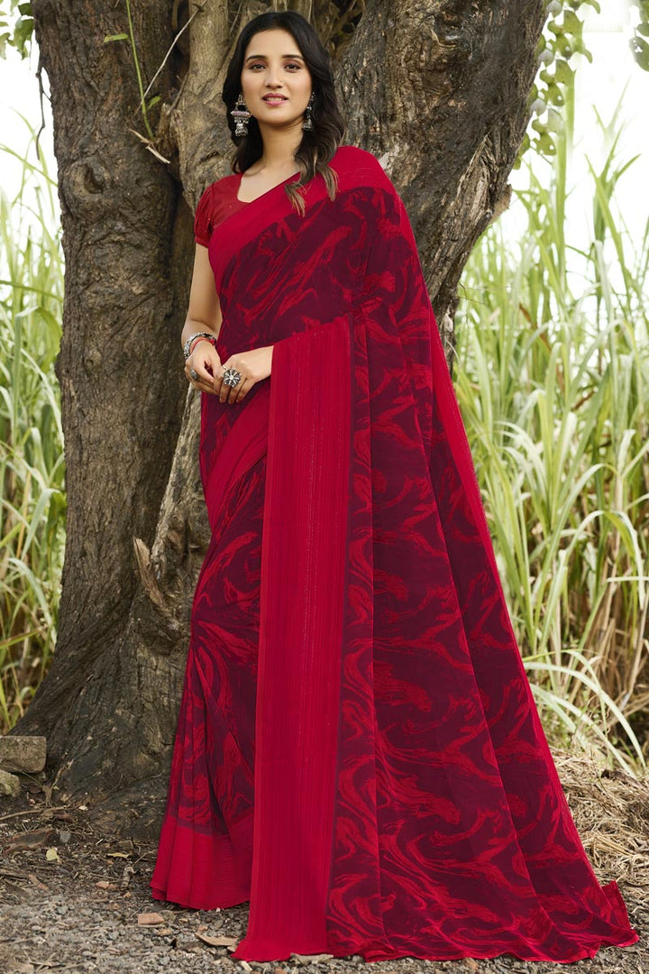 Red Color Printed Attractive Saree In Georgette Fabric