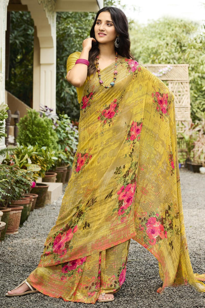 Fascinate Georgette Fabric Printed Saree In Yellow Color