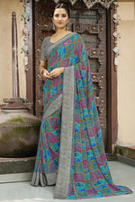 Load image into Gallery viewer, Remarkable Cyan Color Georgette Fabric Printed Saree
