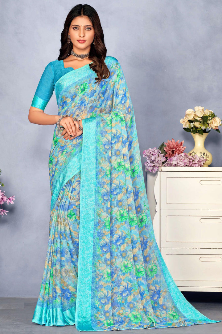 Blazing Blue Color Chiffon Printed Saree