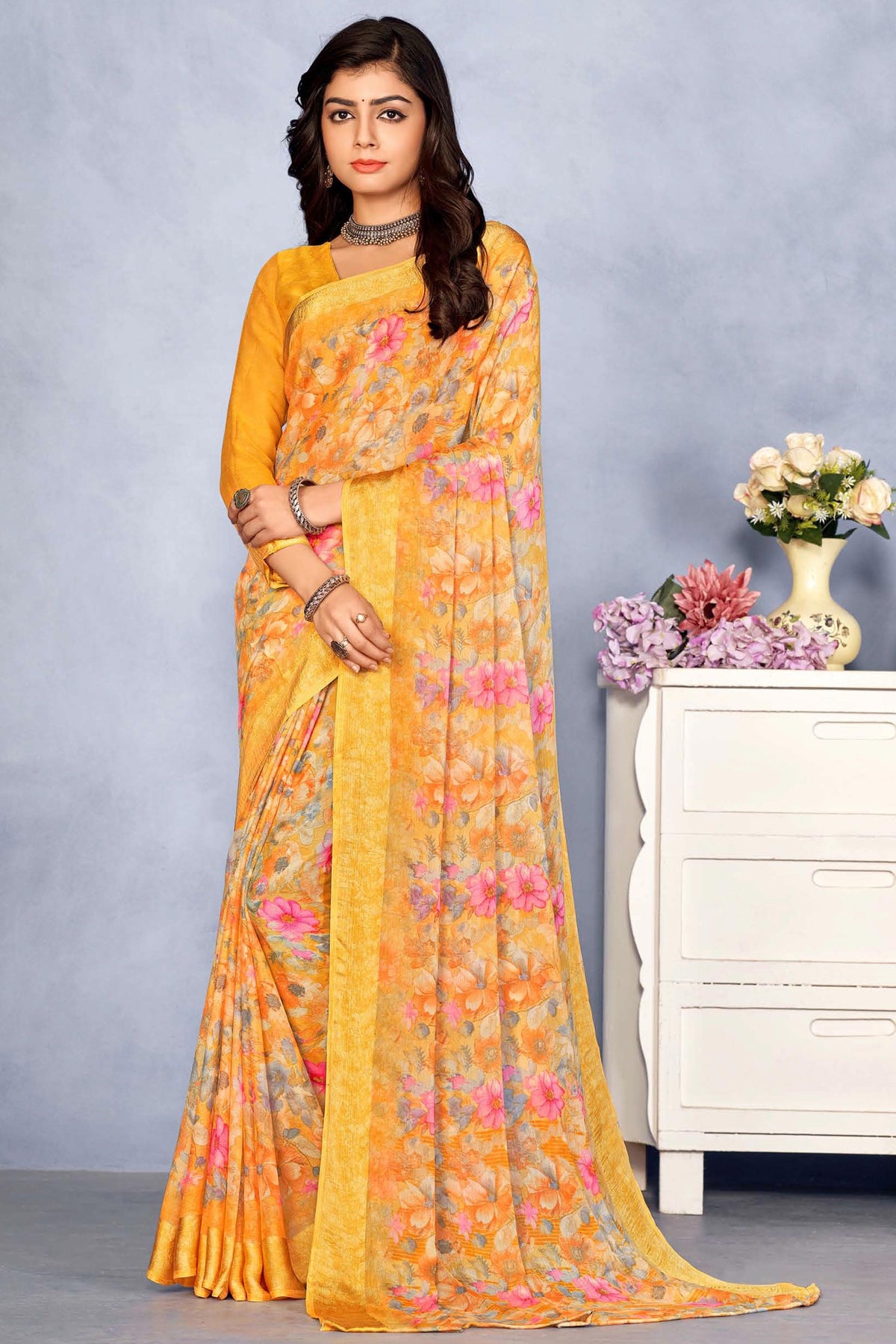 Printed Alluring Orange Color Chiffon Saree