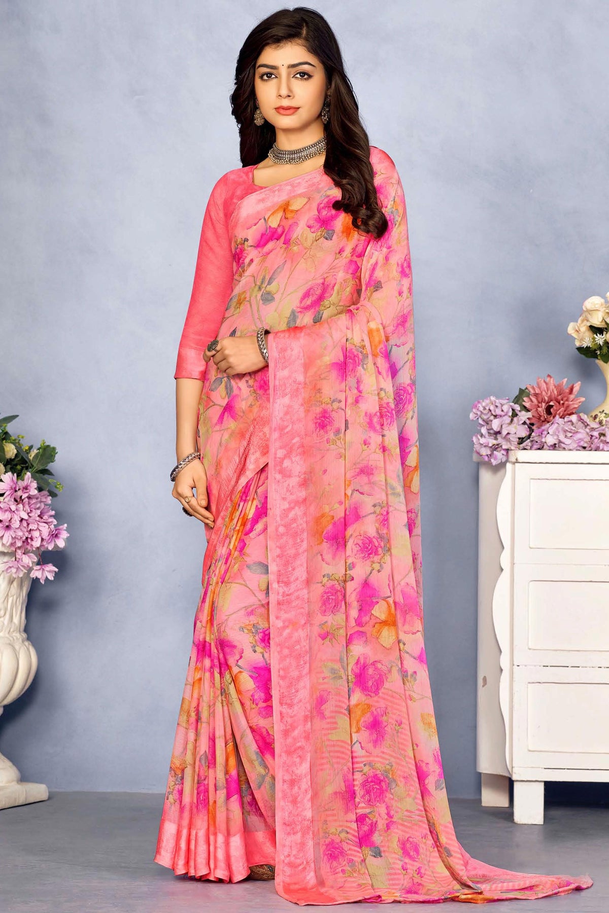 Appealing Printed Chiffon Pink Color Saree