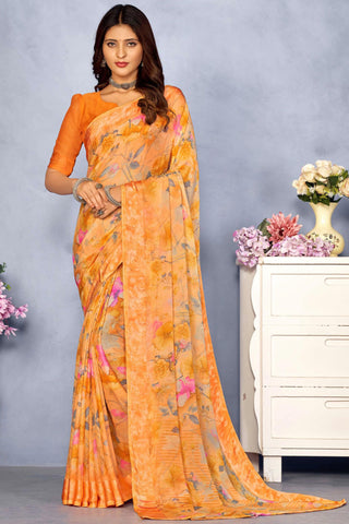 Imperial Orange Color Printed Chiffon Saree