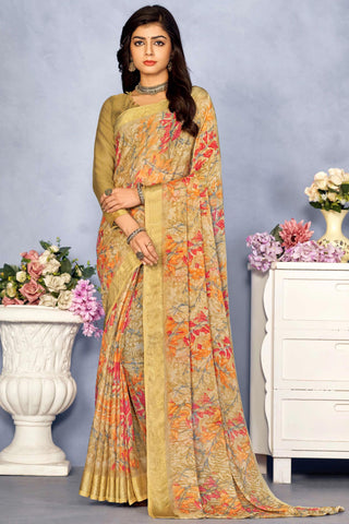 Marvelous Printed Chiffon Beige Color Saree