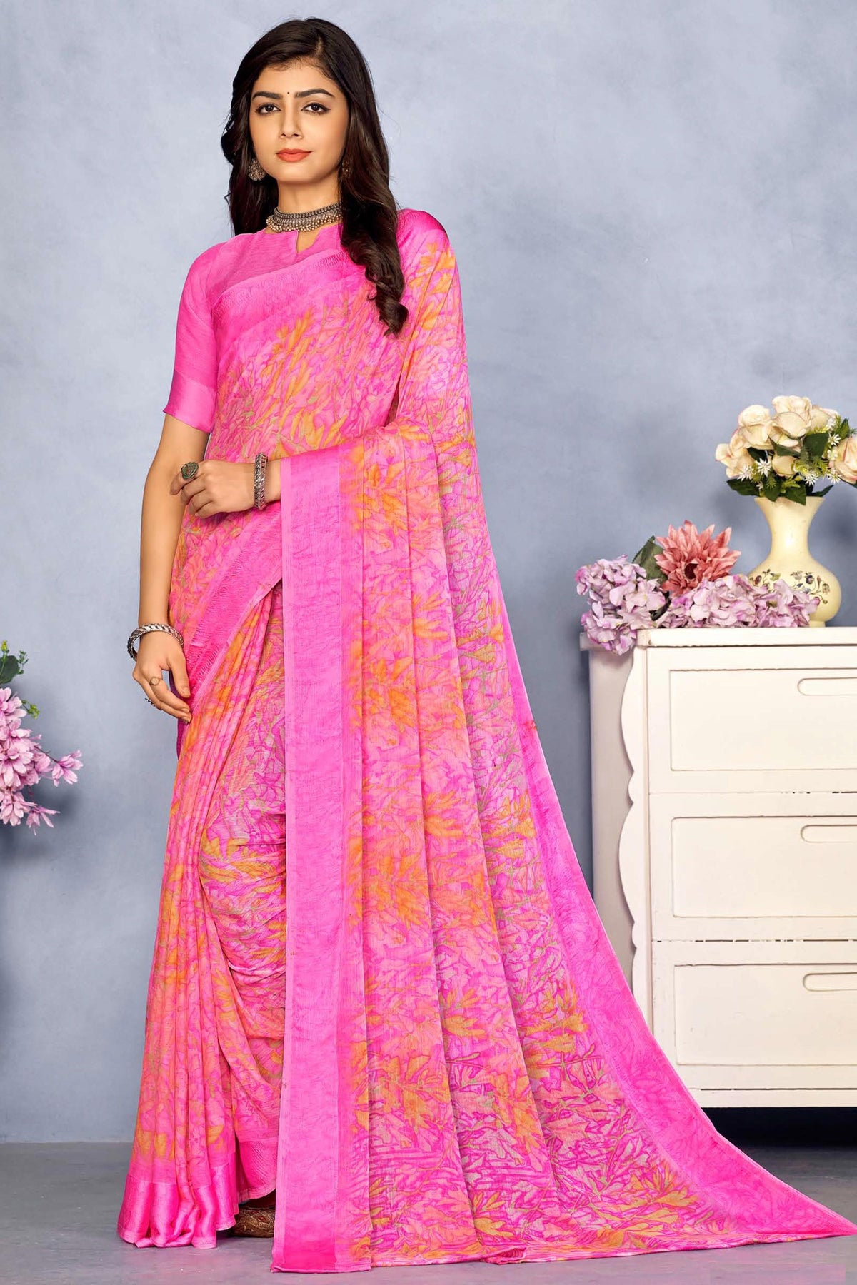 Excellent Chiffon Magenta Color Printed Saree