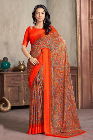 Orange Color Chiffon Fabric Abstract Print Saree