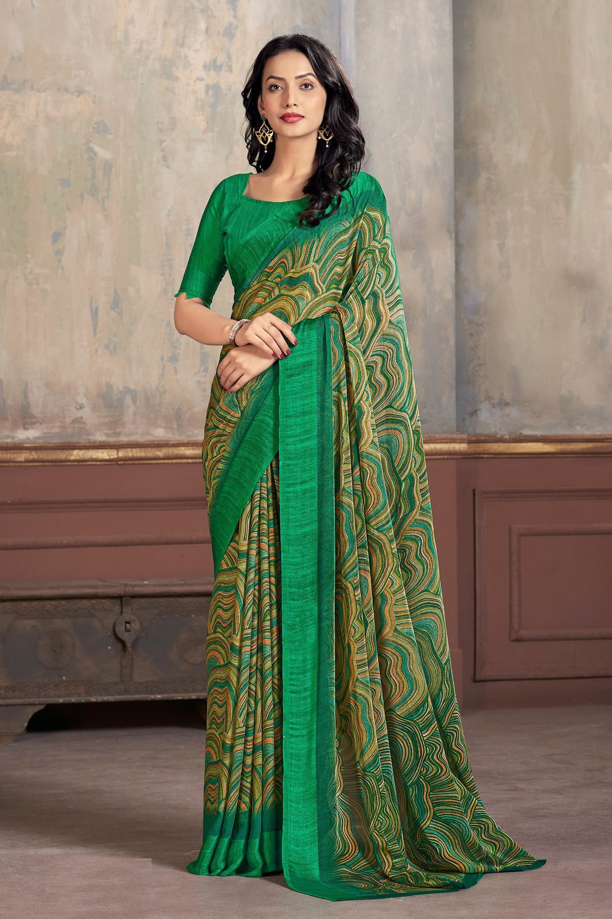 Abstract Print Chiffon Fabric Saree In Green Color