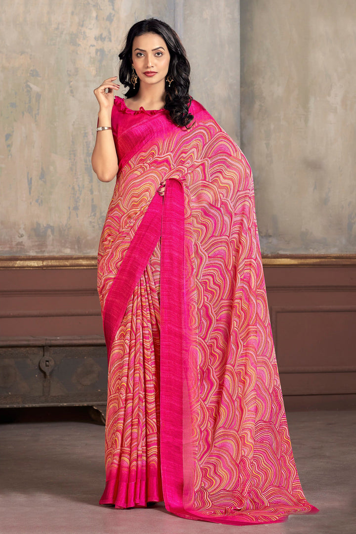 Chiffon Fabric Pink Color Abstract Print Casual Look Saree