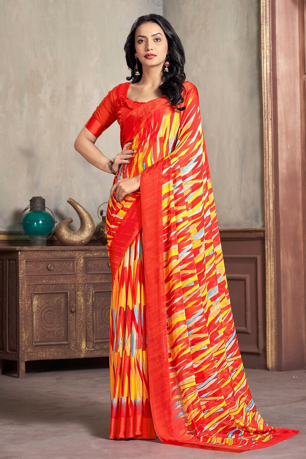 Daily Wear Multi Color Abstract Print Chiffon Fabric Saree