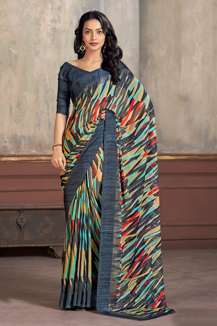 Attractive Multi Color Abstract Print Chiffon Fabric Simple Look Saree