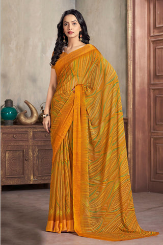 Delightful Mustard Abstract Print Chiffon Casual Saree