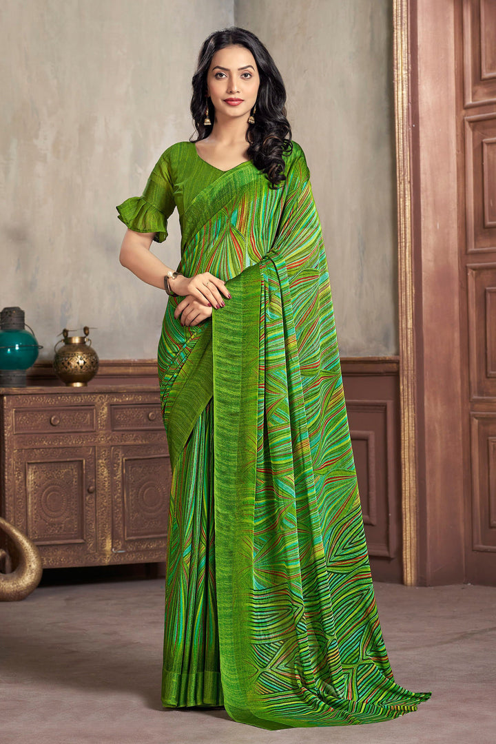 Chiffon Fabric Green Fancy Abstract Print Casual Style Saree