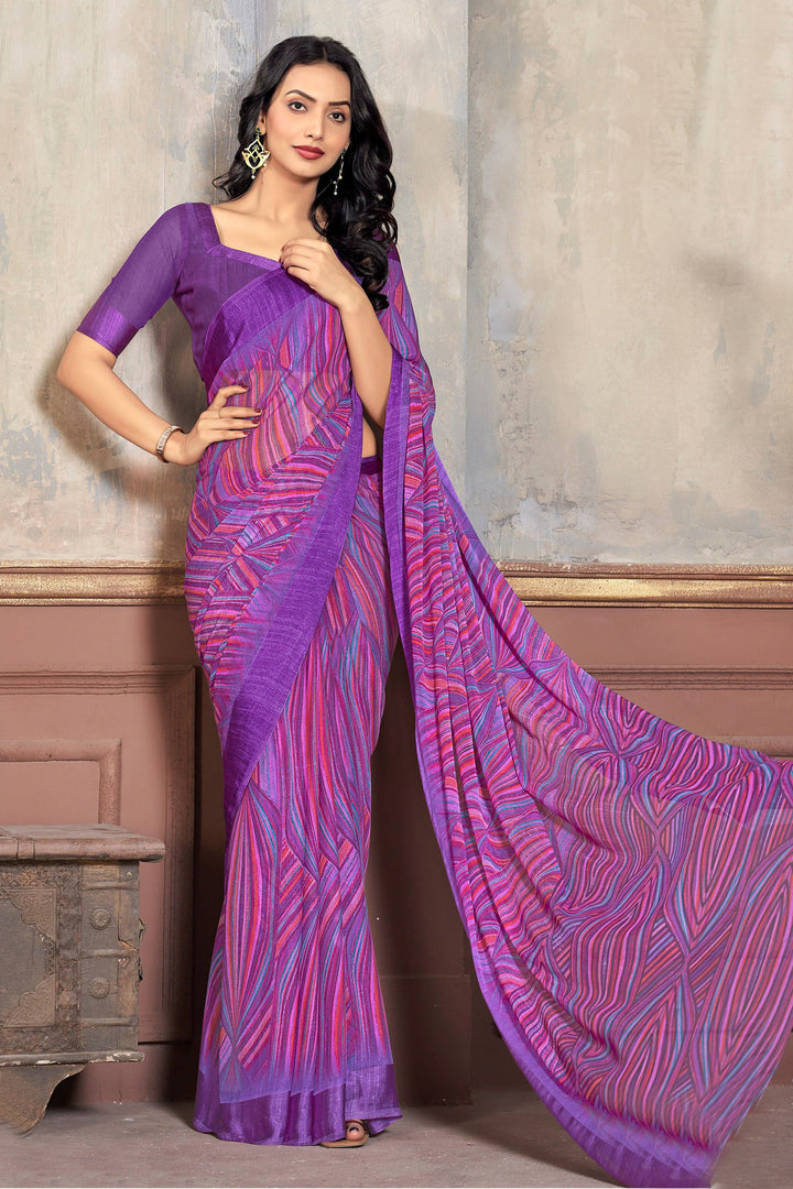 Daily Wear Chiffon Fabric Purple Abstract Print Saree