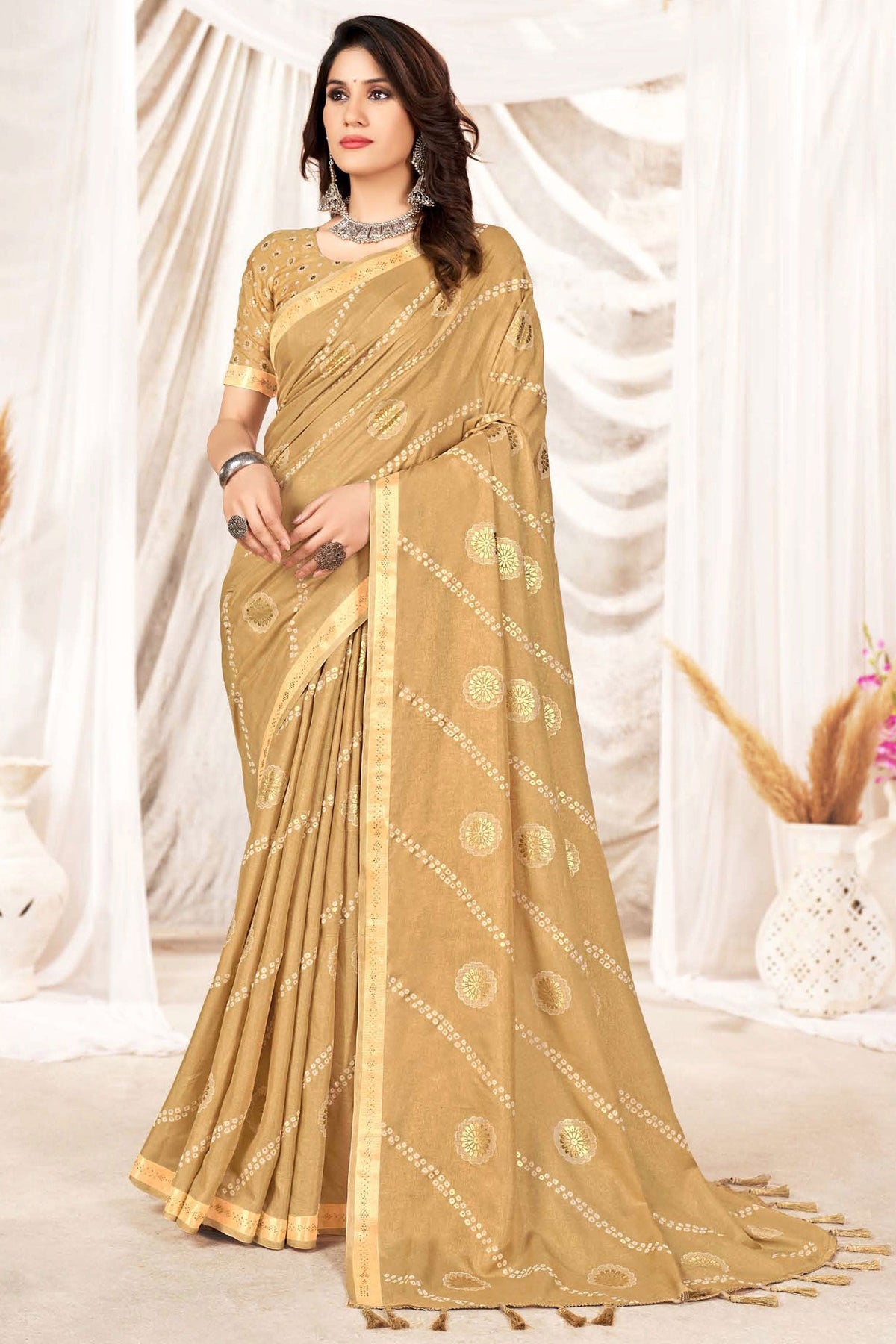 Attractive Golden Color Printed Art Silk Traditional Saree