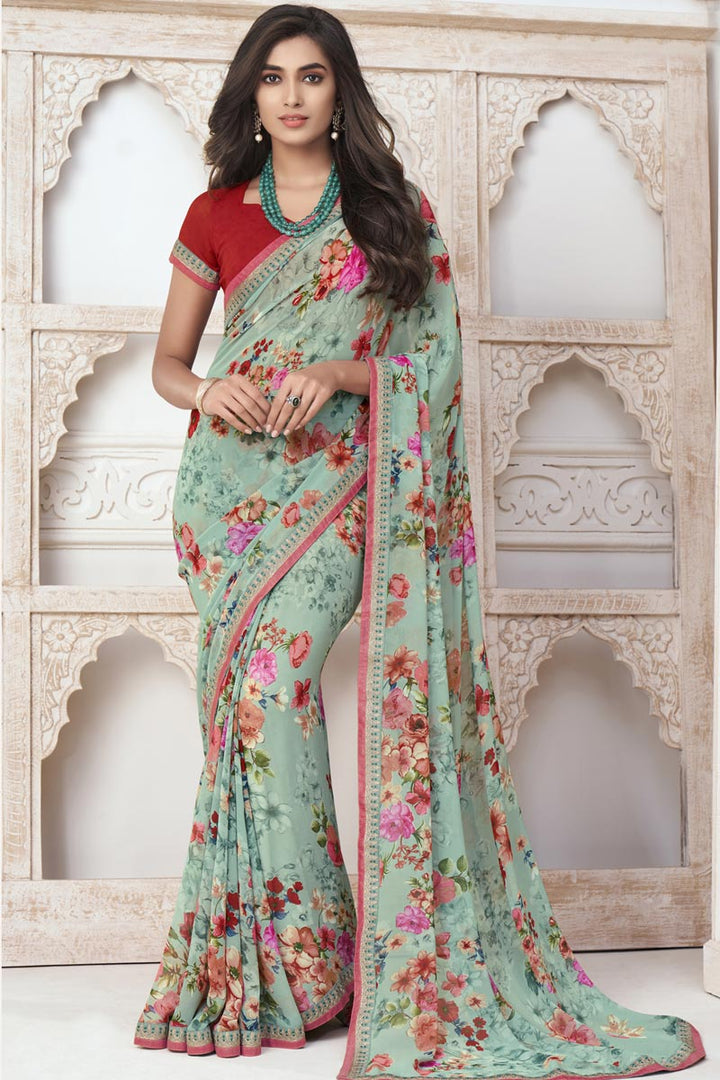 Georgette Fabric Light Cyan Color Daily Wear Fancy Printed Saree
