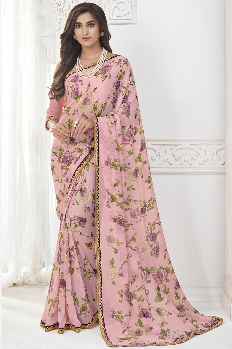 Georgette Fabric Regular Wear Pink Color Printed Saree