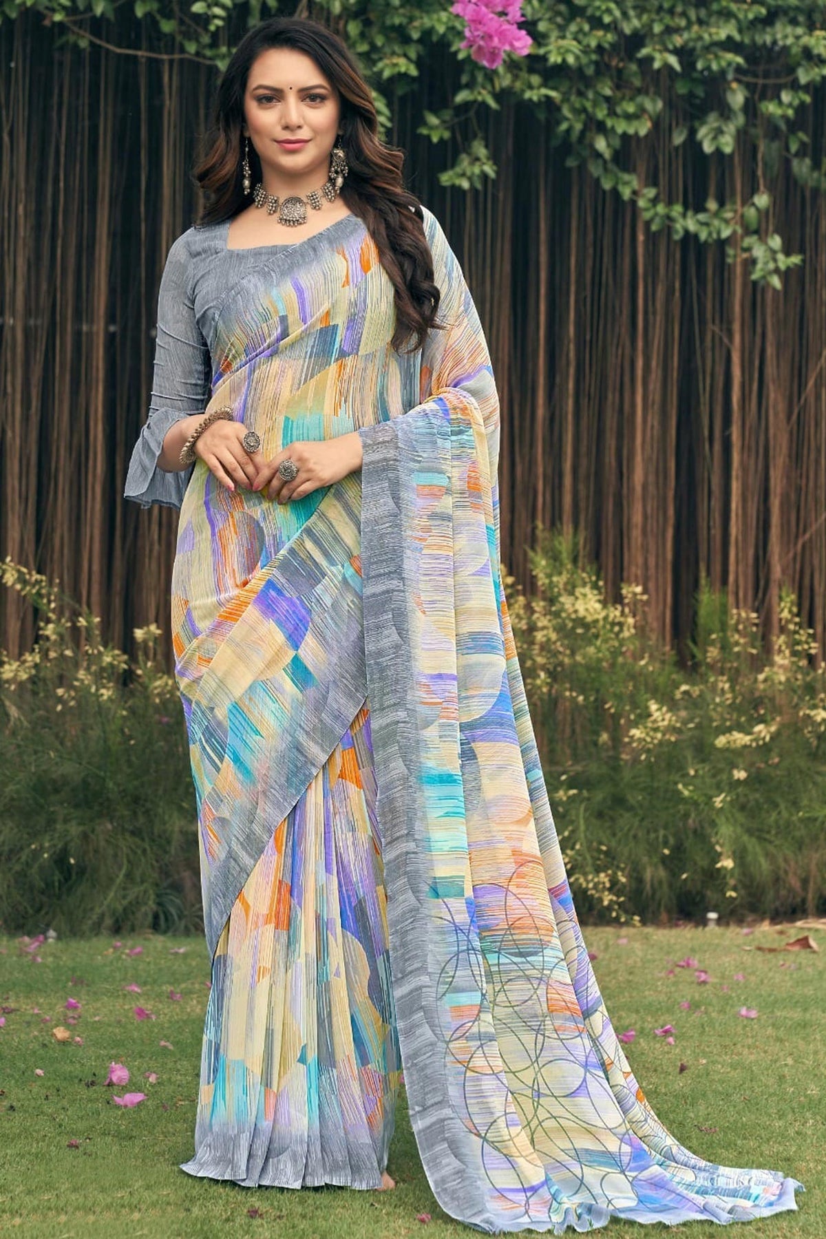 Delicate Multi Color Printed Georgette Saree